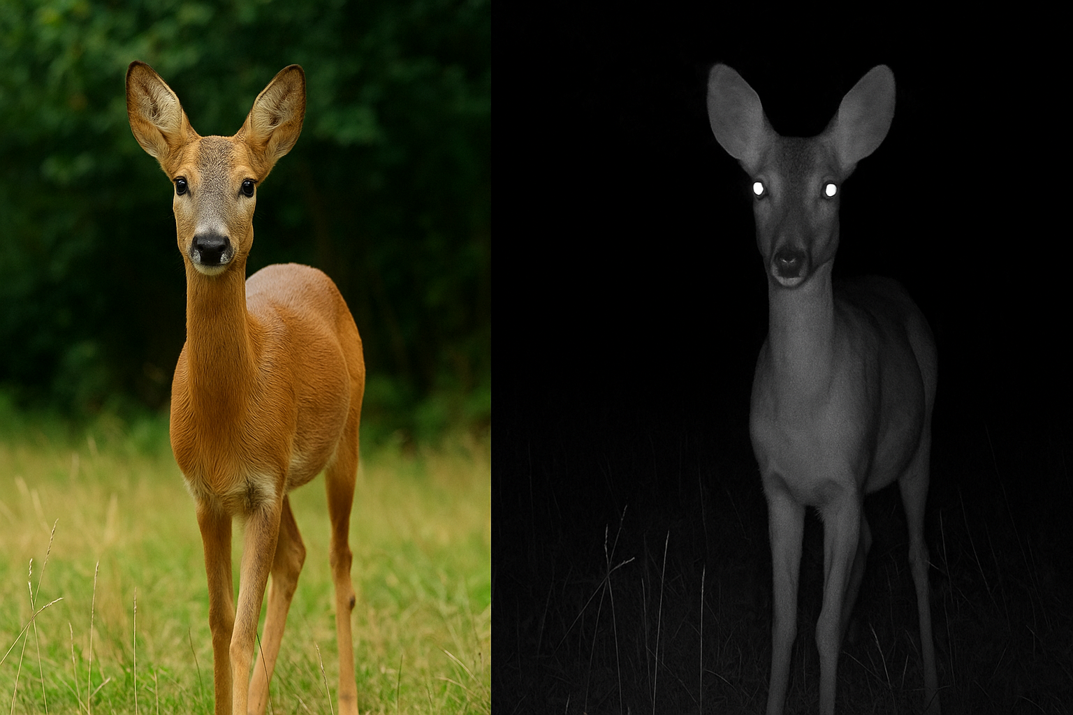 Tag und Nacht Vergleich von Wildkamera-Aufnahmen