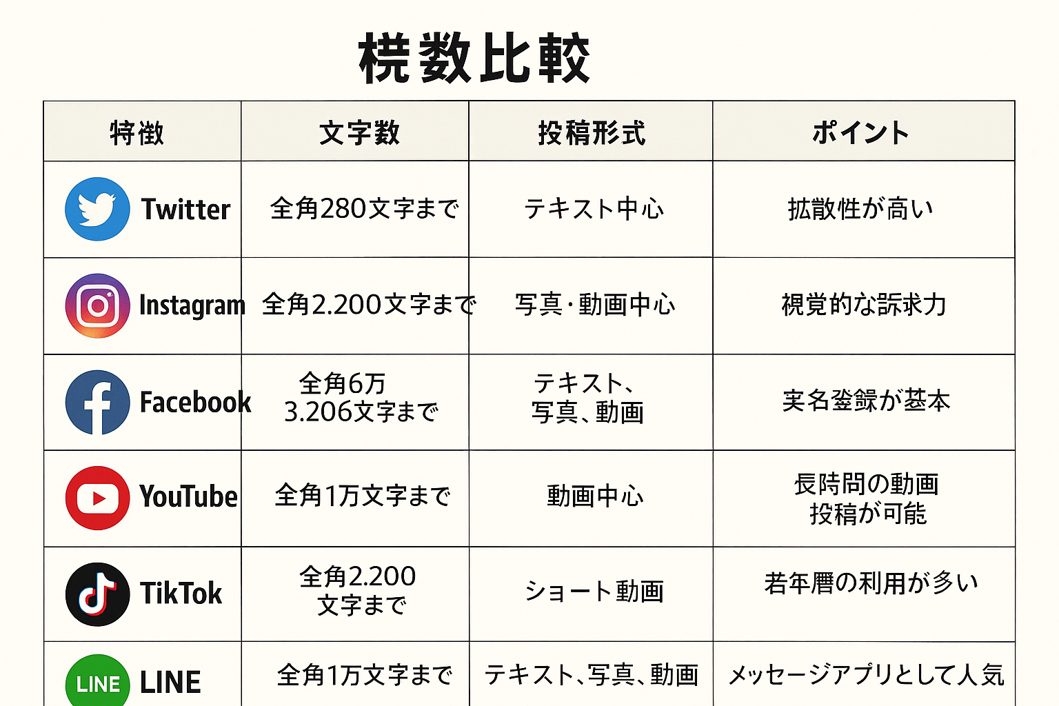 各SNSプラットフォームの特徴比較図