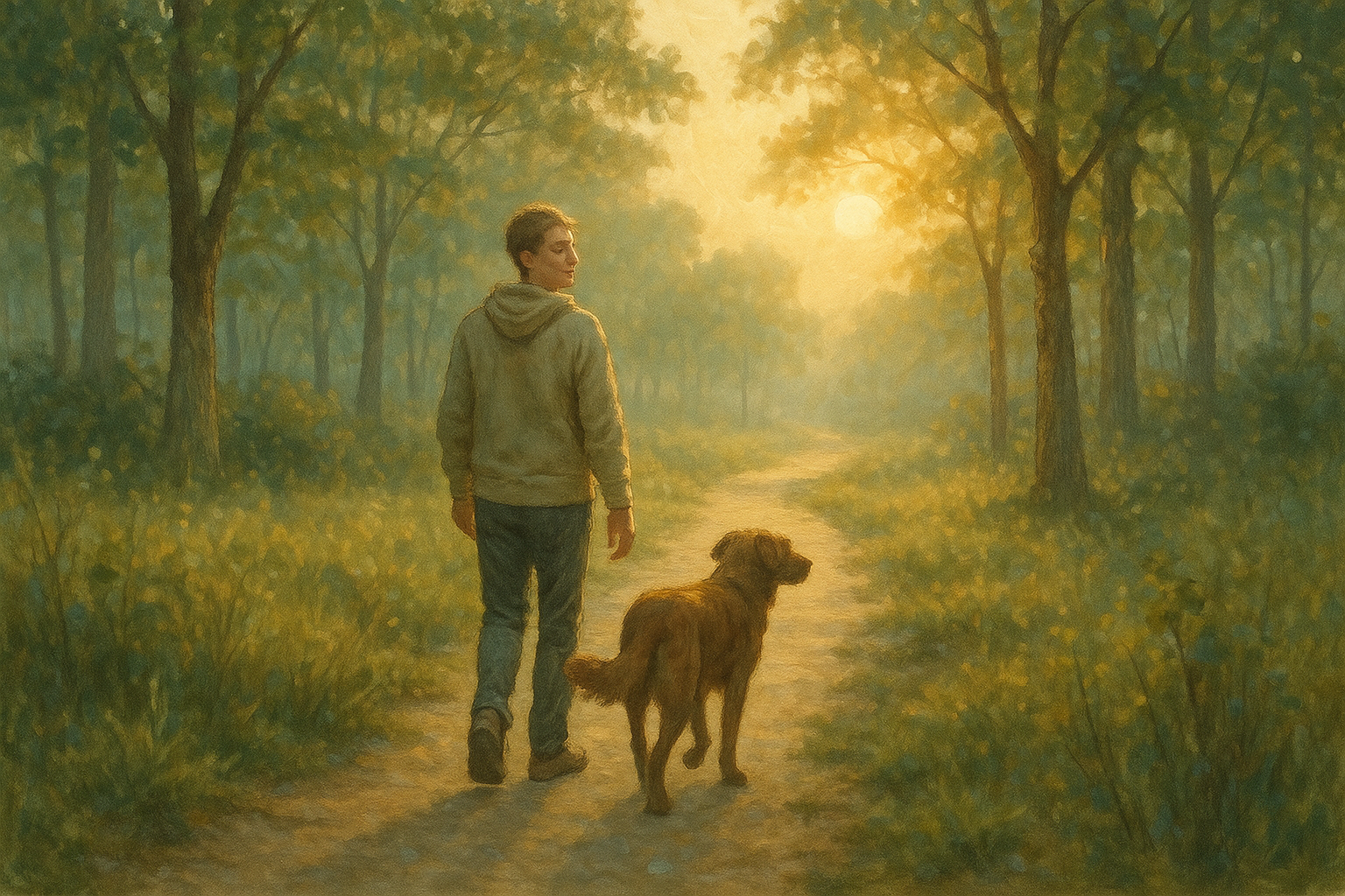 Peaceful morning walk with person and dog on nature path showing healing and recovery