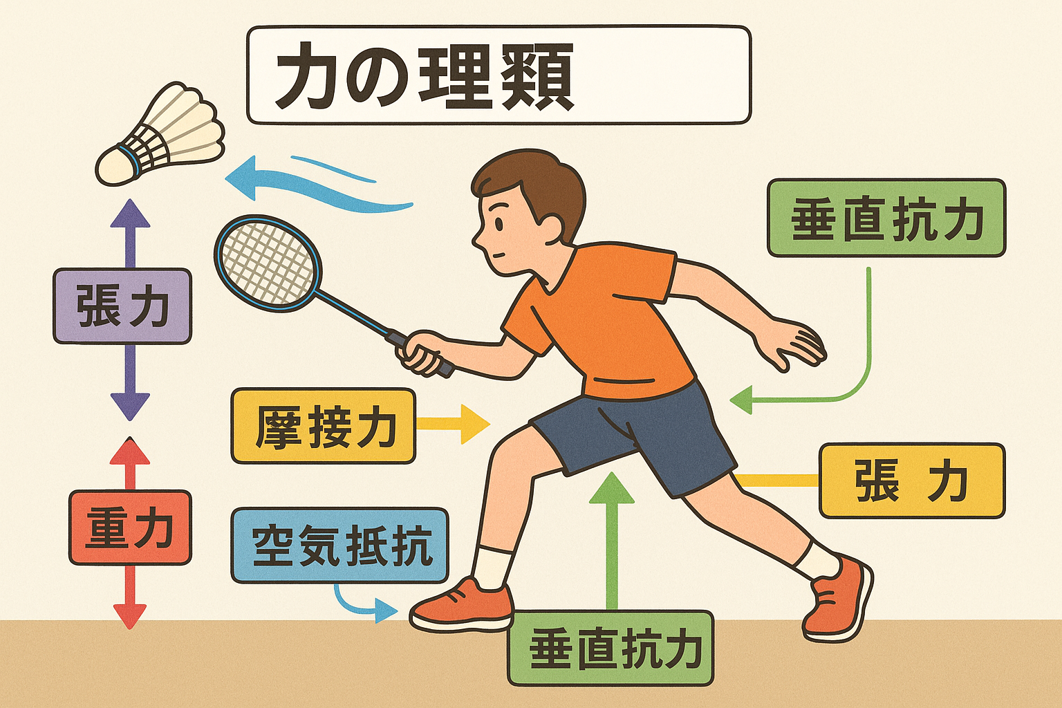 物理学における力の種類を説明する教育用イラスト