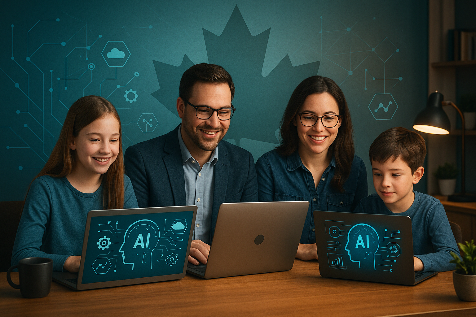 Canadian family working from home with AI technology