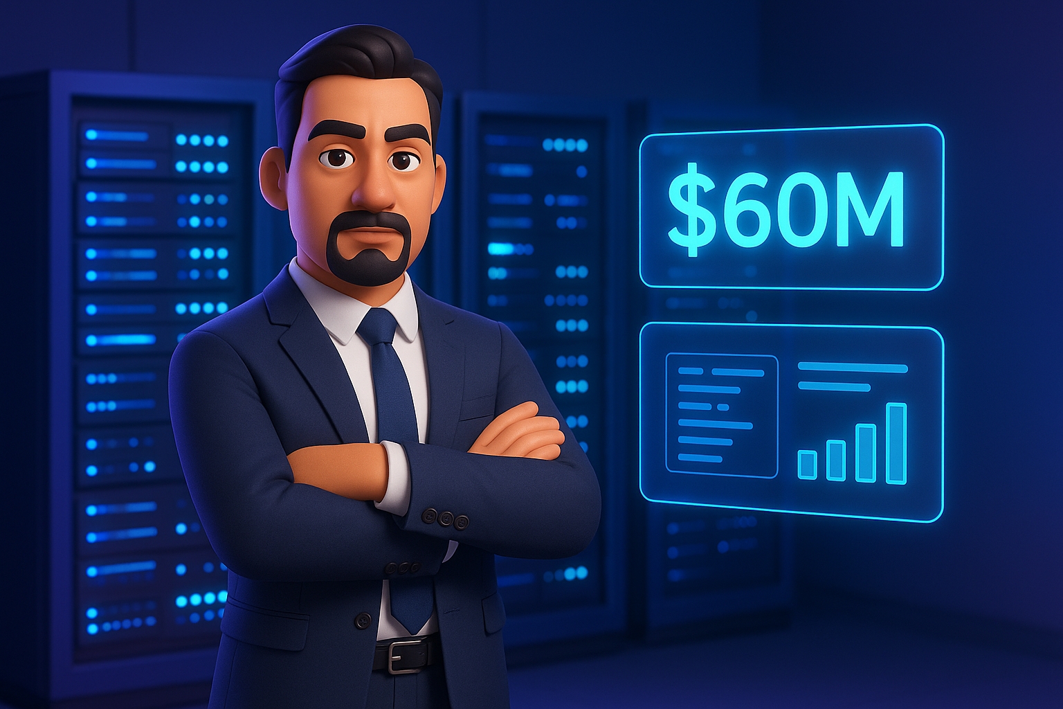 3D cartoon character with server infrastructure