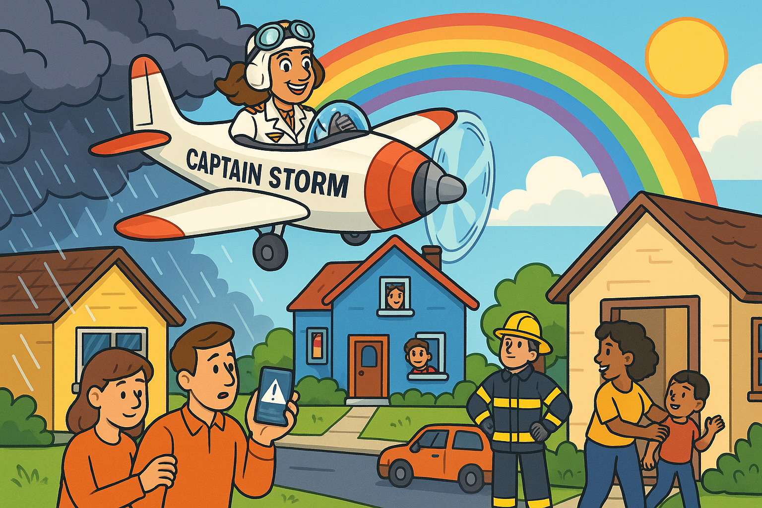 Storm Tracker One emerging from clouds with rainbow, showing protected community below