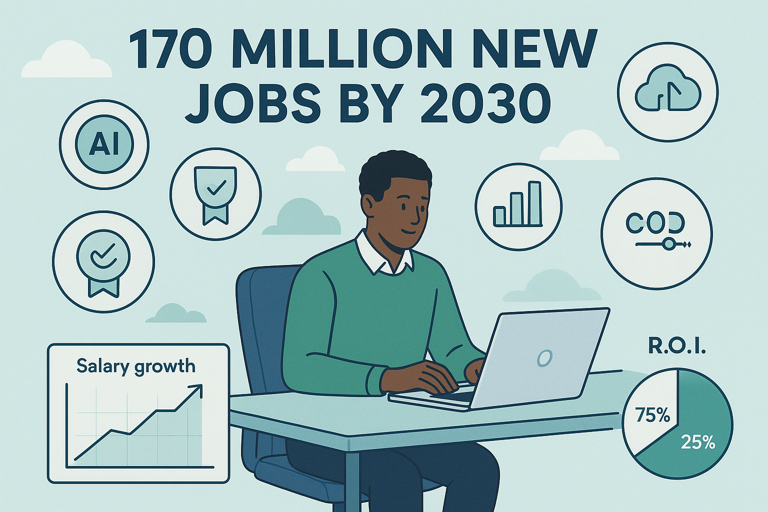 Professional upskilling transformation showing modern worker with AI tools and certification badges