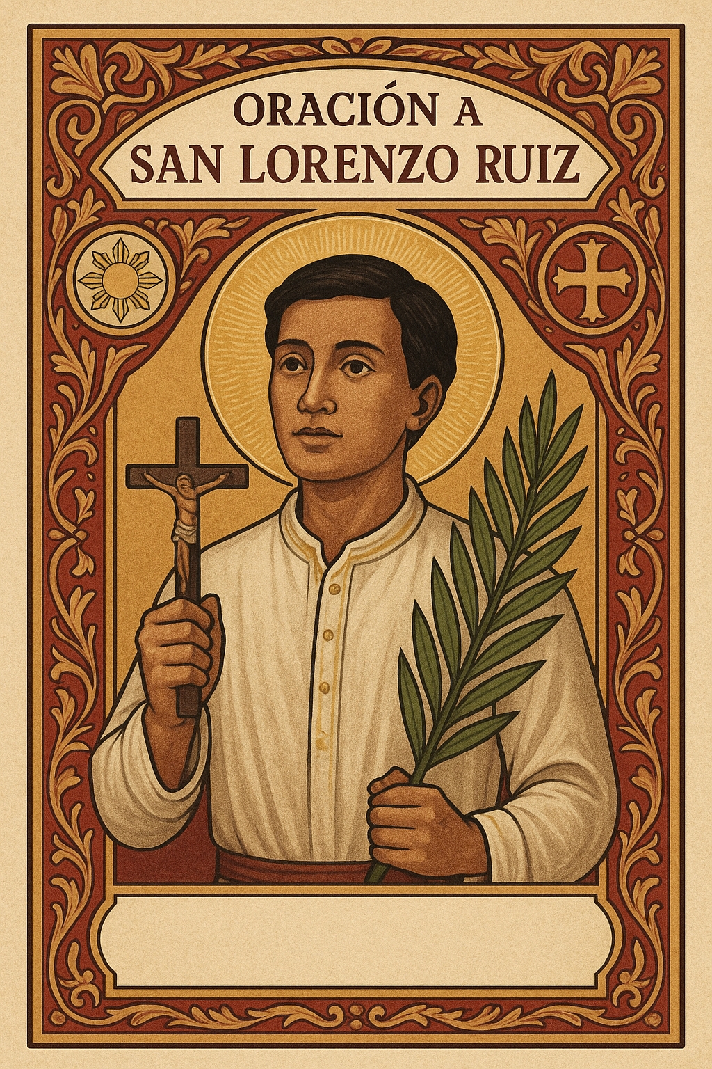 Tarjeta de oración a San Lorenzo Ruiz en español - Primer santo filipino con oraciones católicas tradicionales y diseño filipino-español