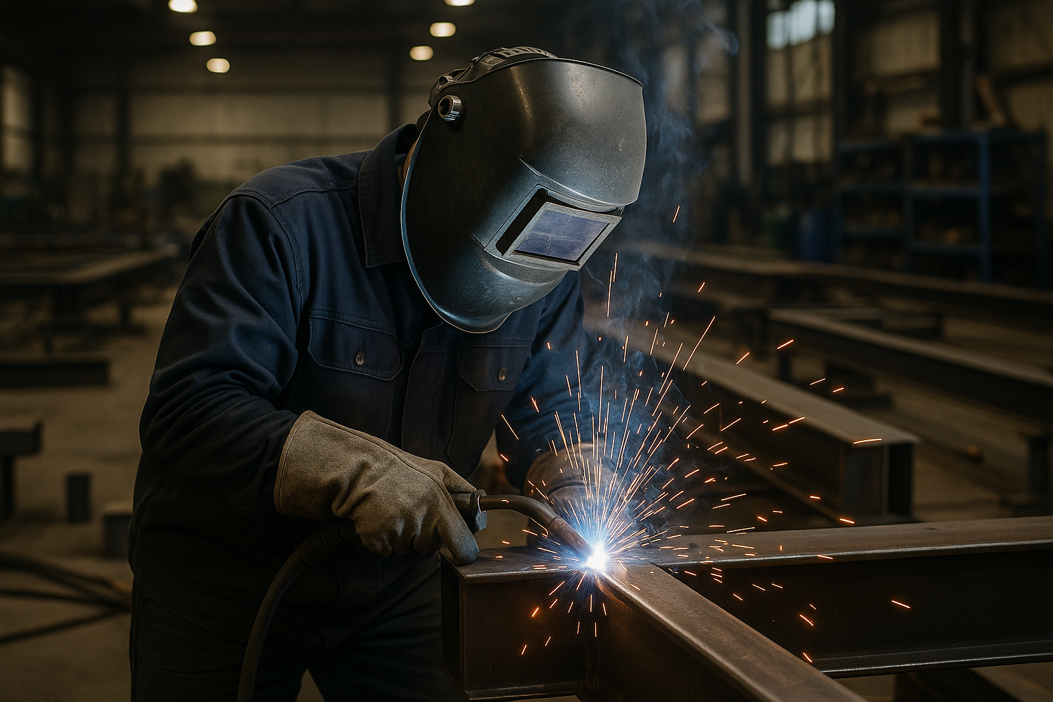 Professional craftsman welding steel structures with precision and safety equipment