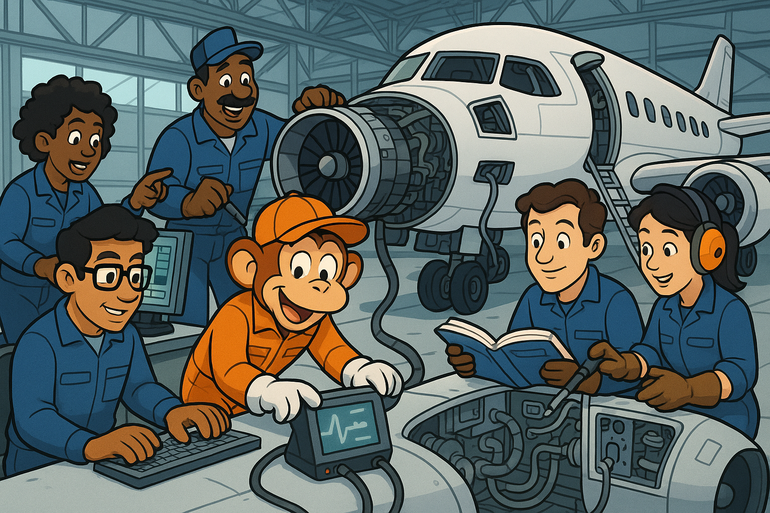 Aviation maintenance team collaborating on aircraft repairs