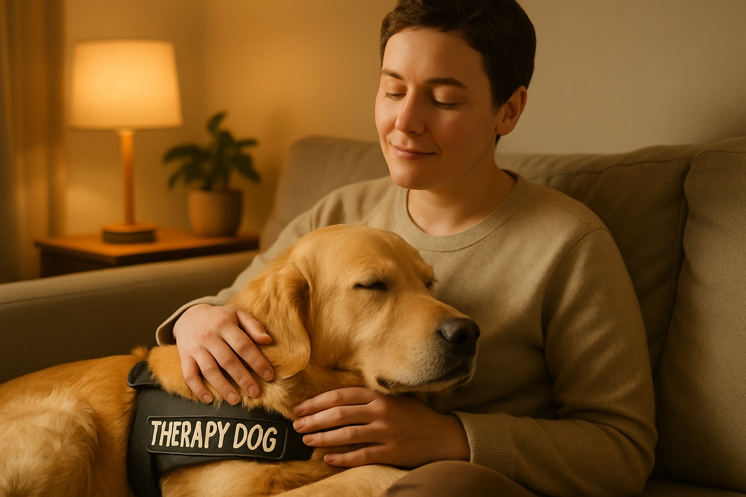 Adult person finding calm while stroking a therapy dog