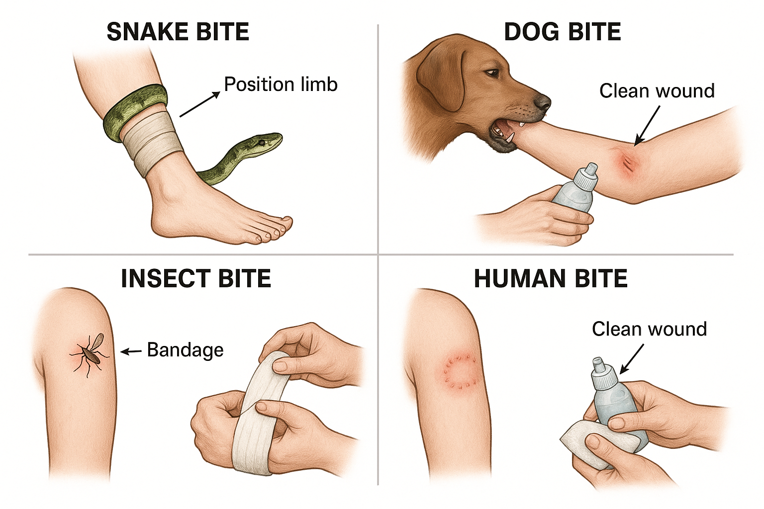 First Aid Management of Bites - Medical Illustration