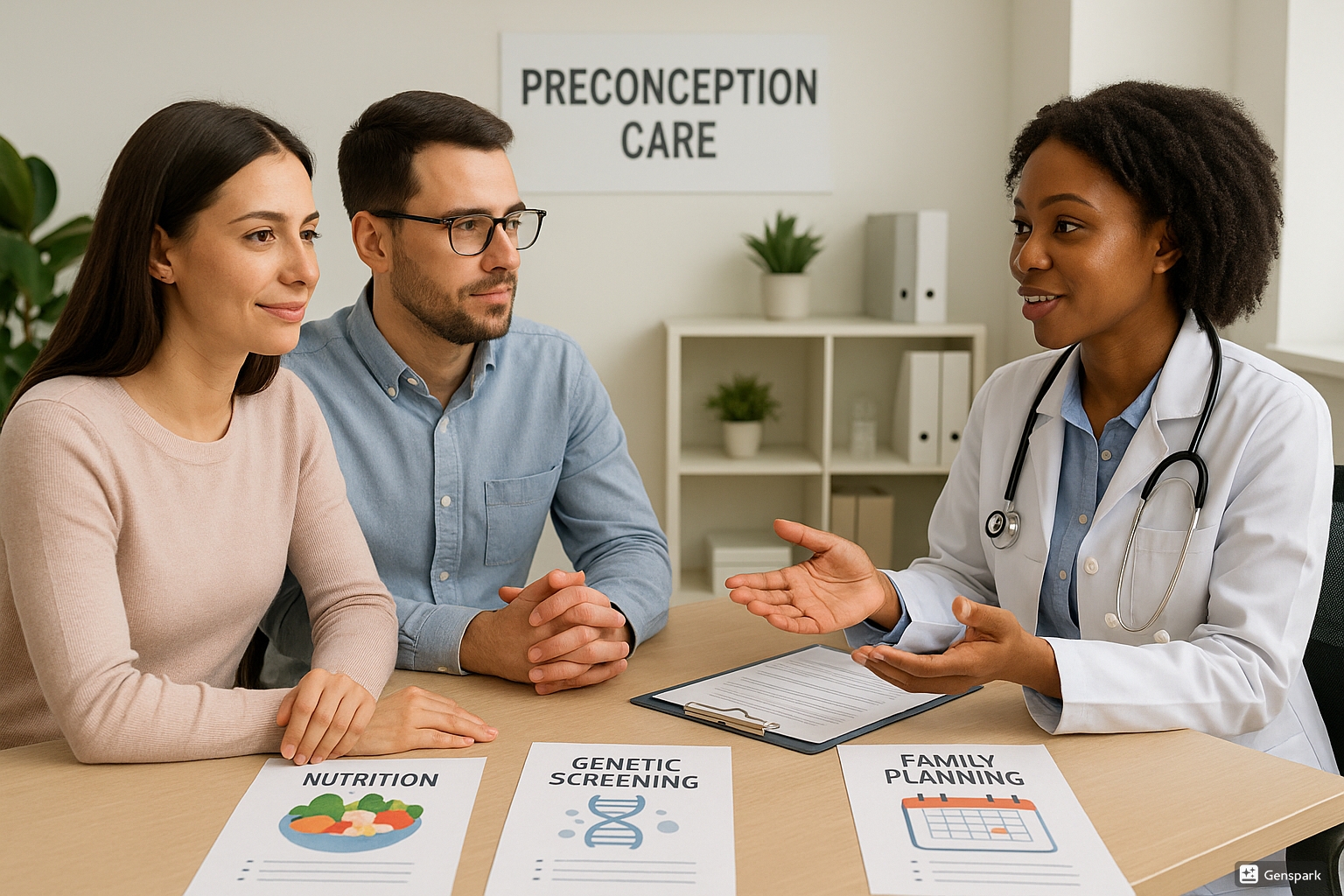 Preconception care counseling session with healthcare provider and couple