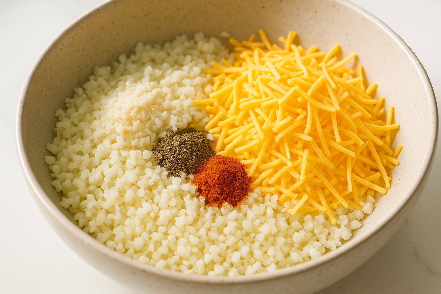 Riced cauliflower in a bowl with cheese and spices