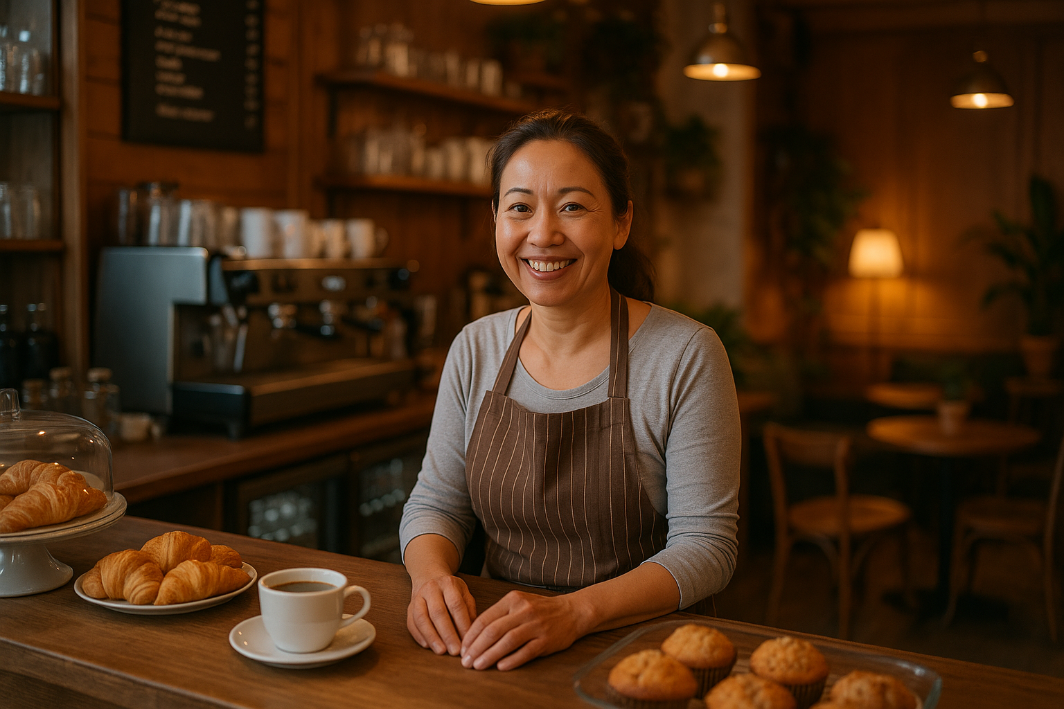 Właścicielka małej kawiarni Asia za ladą swojego przytulnego lokalu, uśmiechająca się ciepło podczas obsługi klientów. Przyjazna kobieta około 40 lat z włosami spiętymi do tyłu, ubrana w stylowy fartuch. Kawiarnia ma ciepłe drewniane wnętrze, ekspresy do kawy, lady ze słodyczami i wygodną część do siedzenia z roślinami.