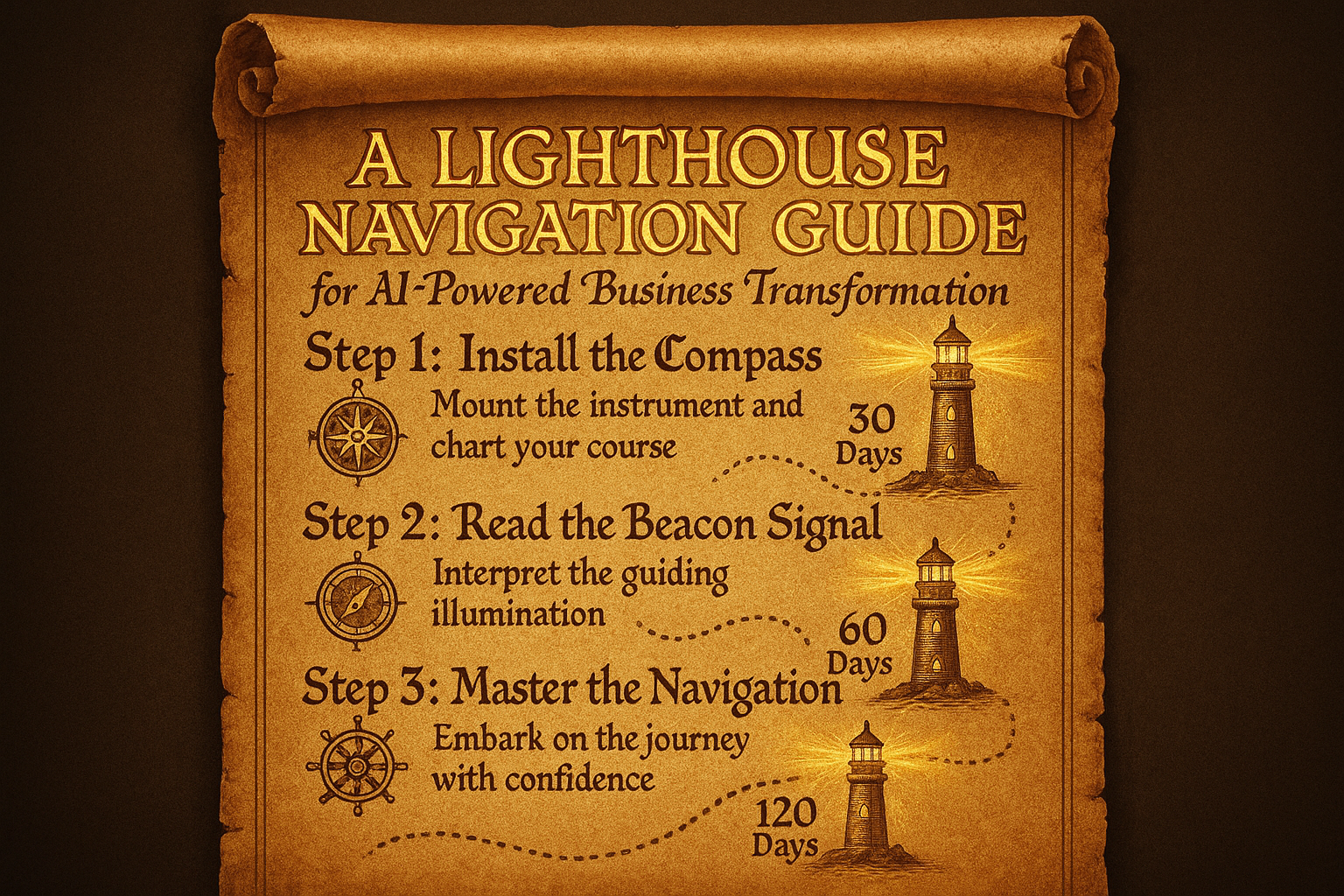 Ancient scroll containing detailed lighthouse navigation guide with AI-powered business transformation steps and beacon milestones