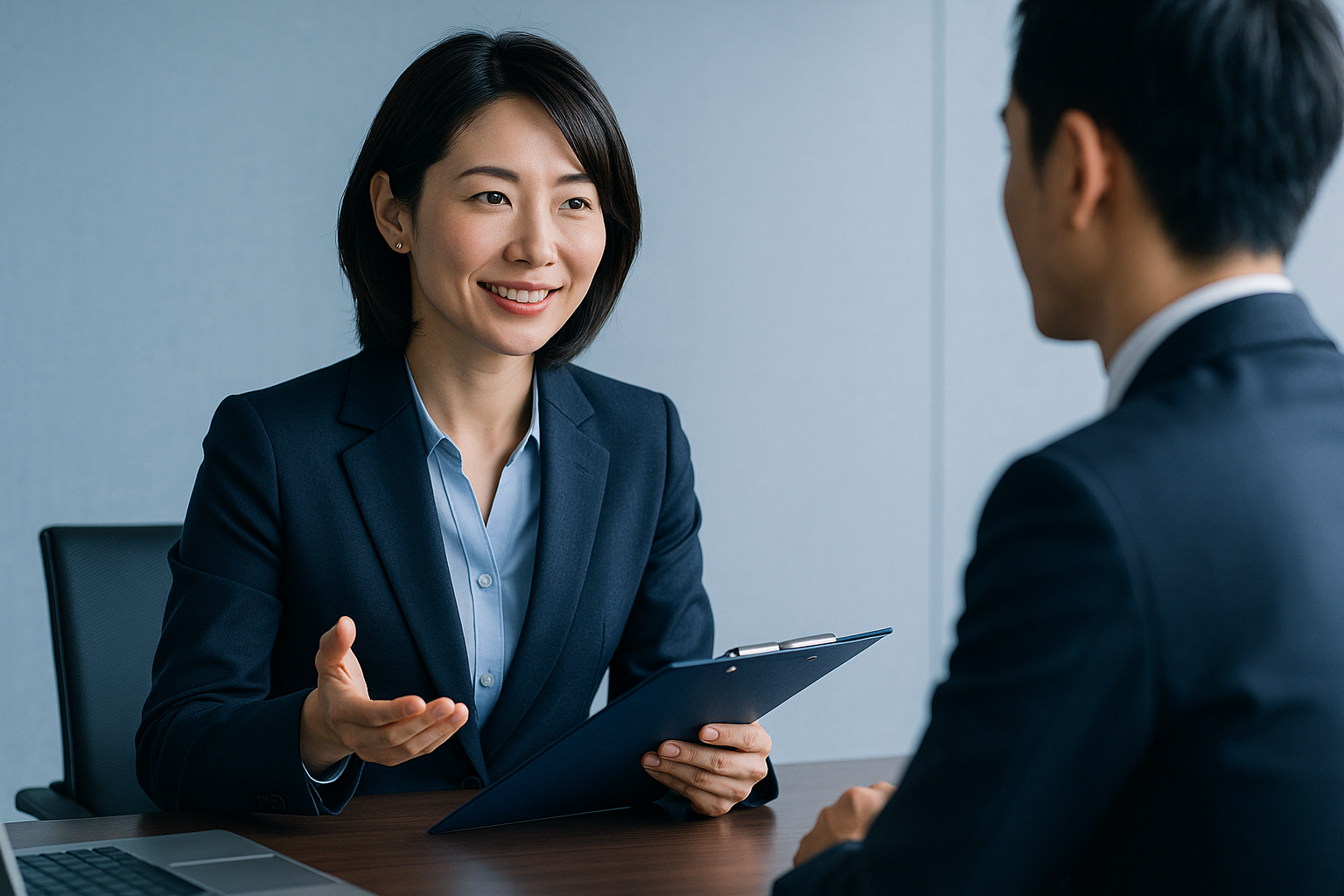 対面で営業する日本人ビジネスウーマン