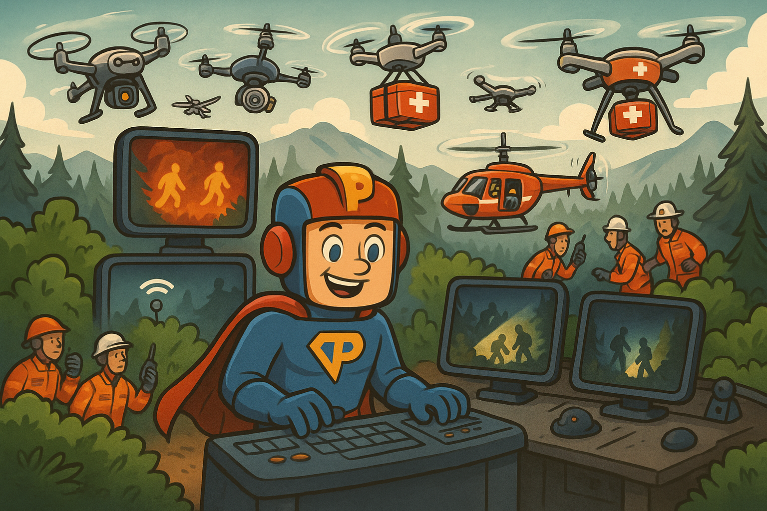 Captain Pixel's drones successfully coordinating rescue operations with thermal imaging and emergency supply drops
