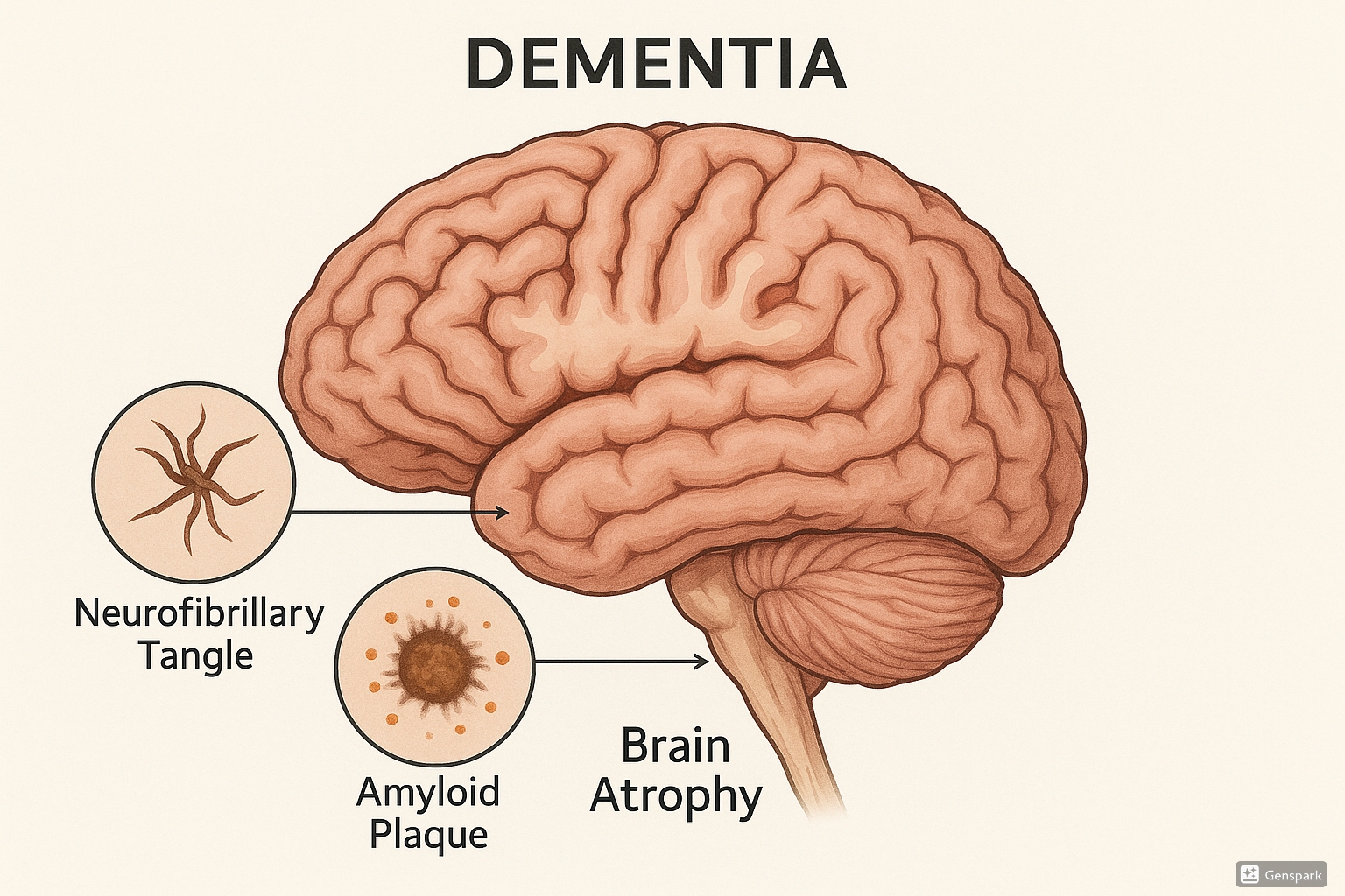 Brain affected by dementia showing neurofibrillary tangles, amyloid plaques, and brain atrophy