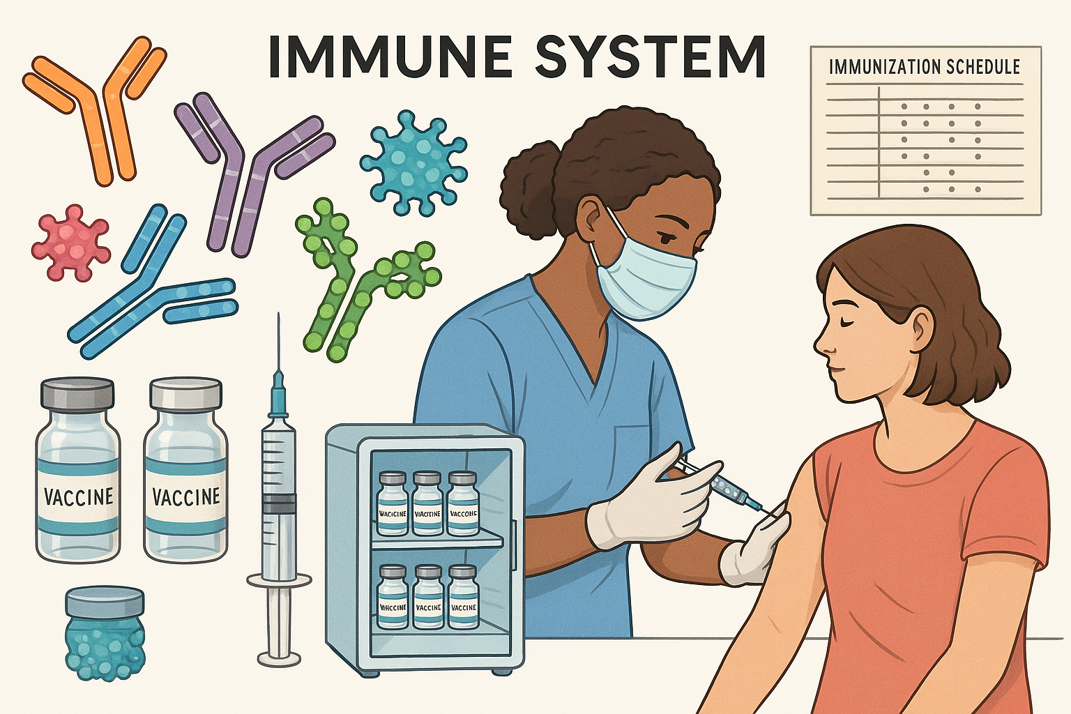 Medical illustration showing immune system components, antibodies, vaccines, and immunization procedures