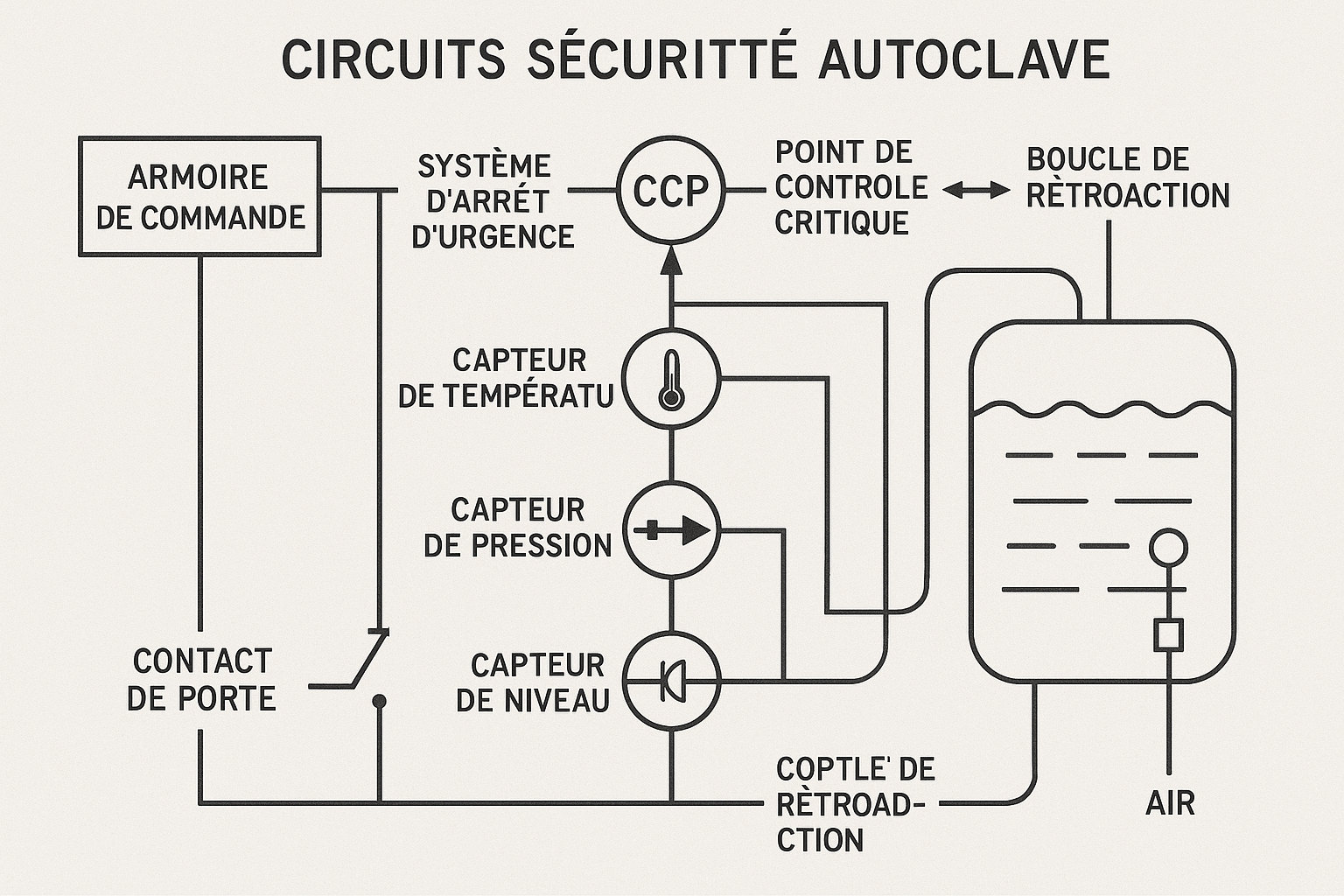 SCHÉMA TECHNIQUE DES CIRCUITS DE SÉCURITÉ D'AUTOCLAVE AVEC POINTS DE CONTRÔLE