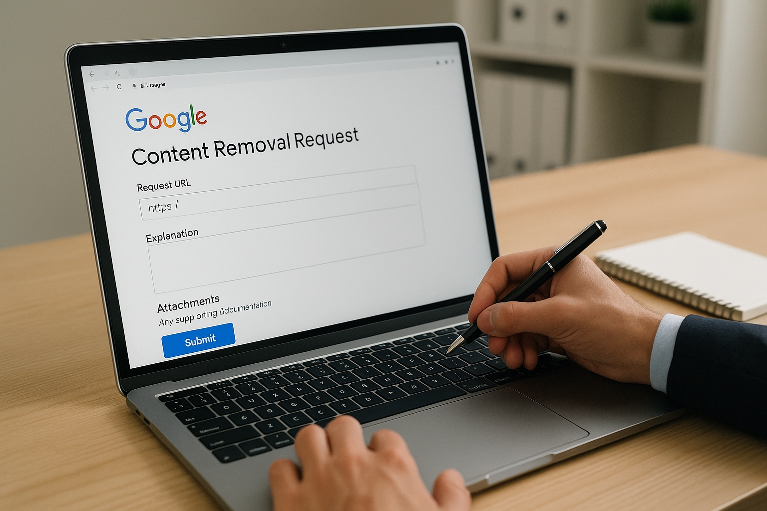 Personne remplissant un formulaire de demande de suppression de contenu sur Google