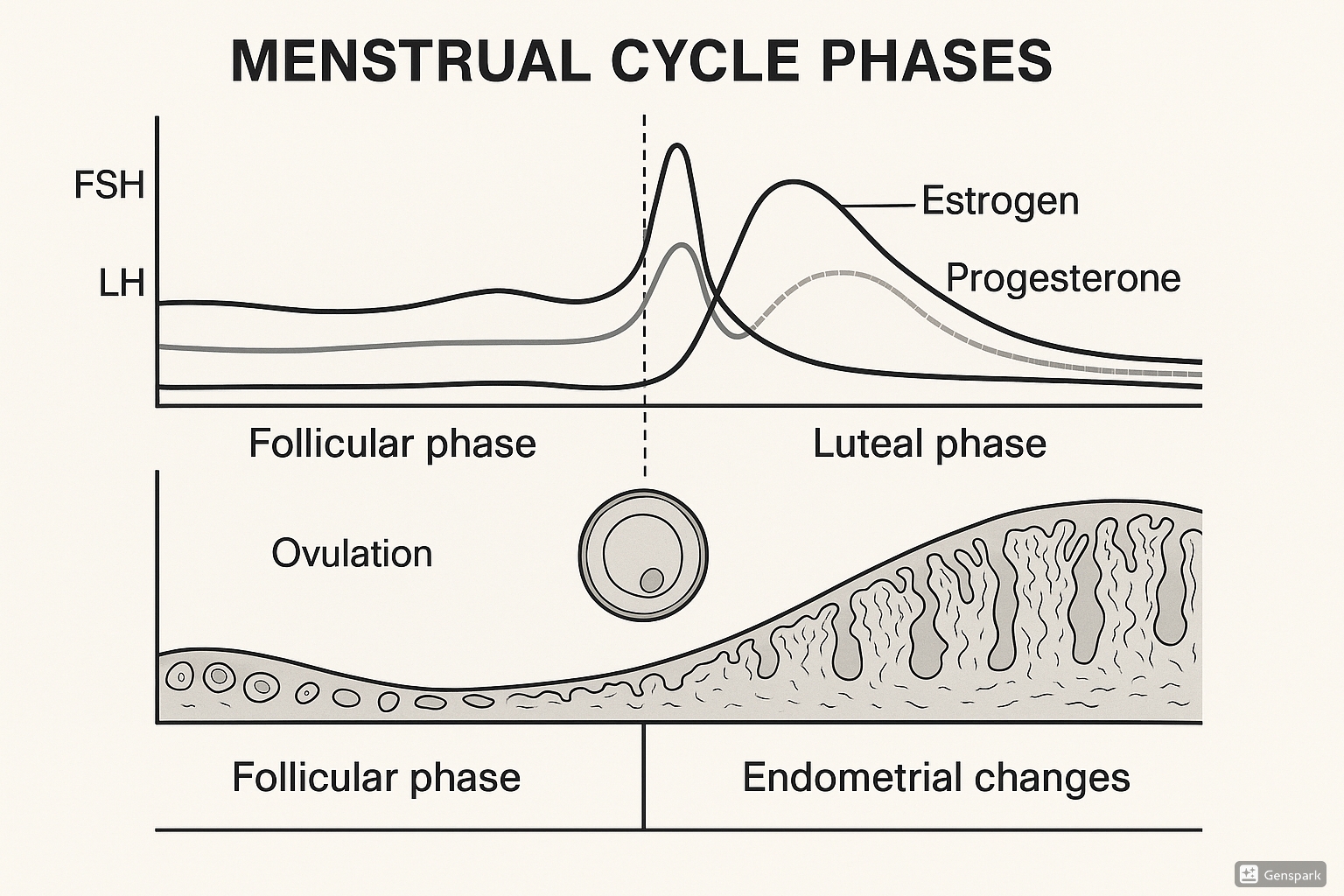 Menstrual cycle diagram showing hormonal changes, ovarian and endometrial phases