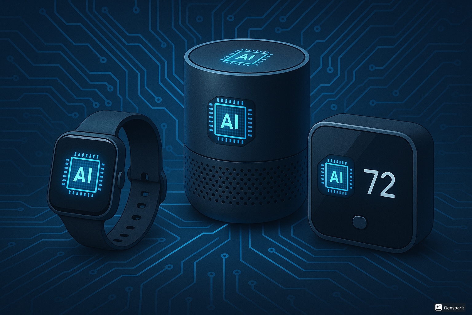 Collection of IoT devices with AI chips visible against a circuit background