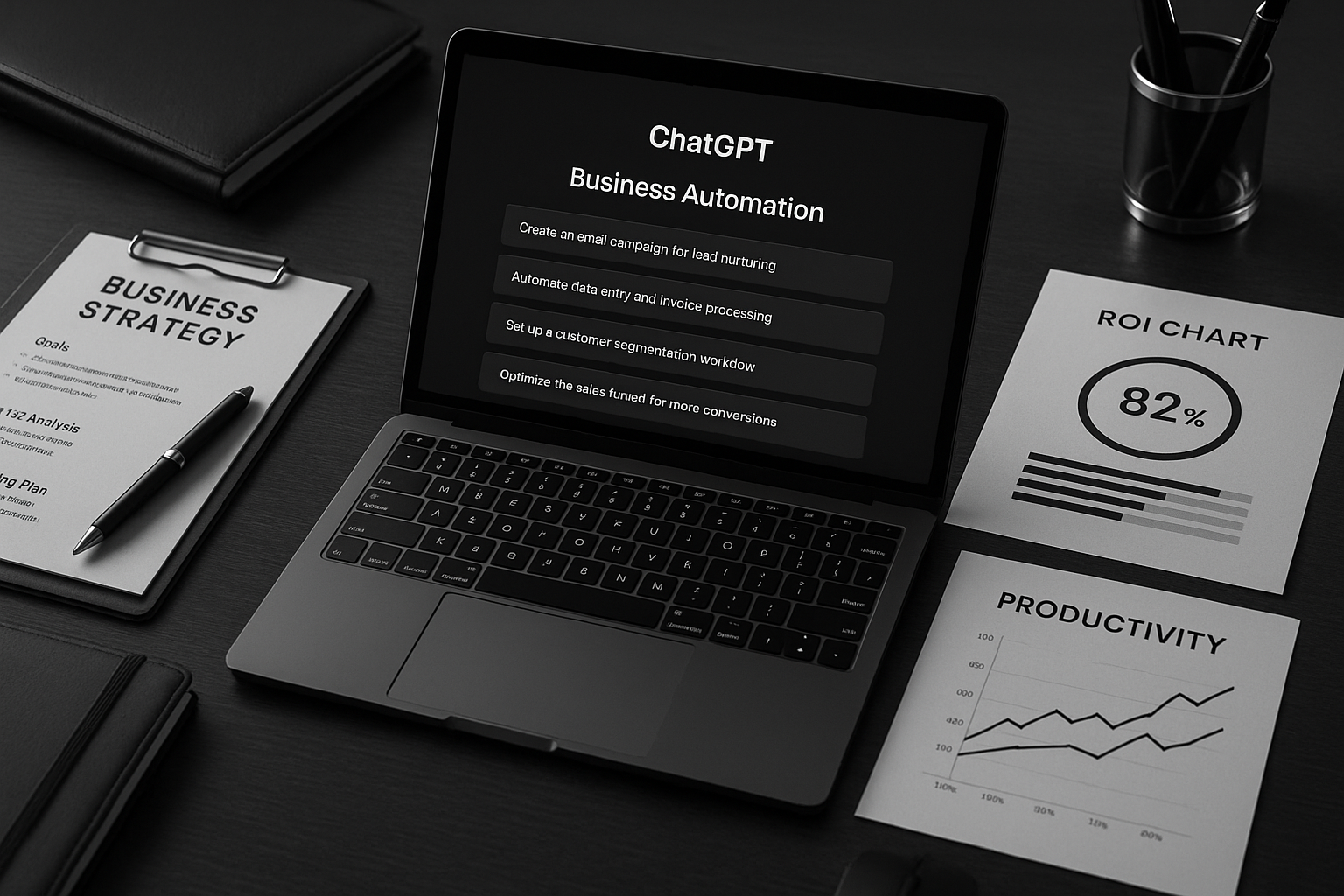 ChatGPT prompting for business - sophisticated workspace with laptop displaying business automation prompts, ROI charts, and professional productivity tools