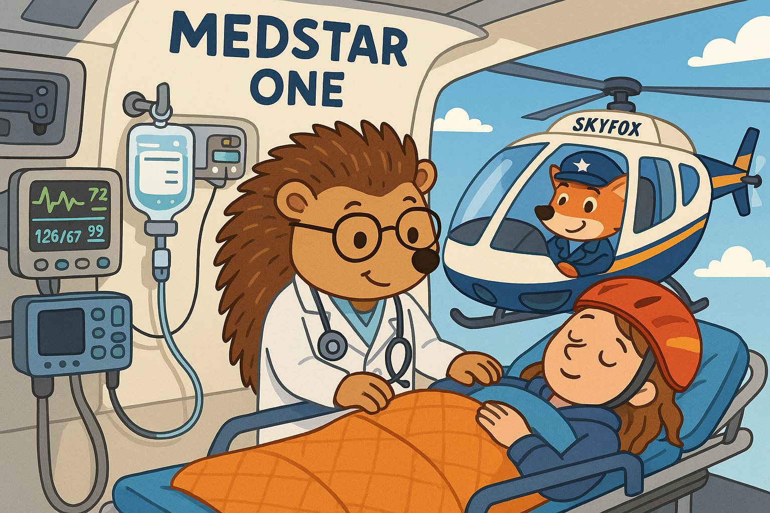 Dr. Hedgehog providing medical care to Sarah inside MedStar One during flight