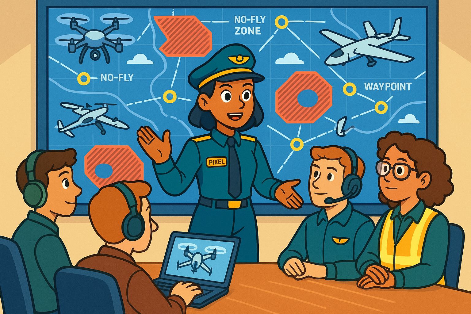 Captain Pixel conducting mission briefing with advanced UAV flight planning systems