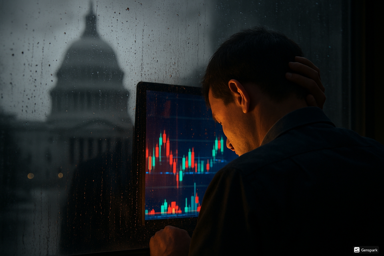 Photorealistic, ultra-detailed scene depicting a blurred silhouette of the U.S. Capitol seen through a rain-specked glass window. In sharp contrast, the reflection of a worried trader is shown from behind, with no facial features visible, focusing intently on a brightly glowing financial screen. The lighting dramatizes the scene, casting deep shadows and bright highlights that emphasize the trader's tense posture. The color palette plays with muted tones for the background and vibrant tones for the reflection, enhancing the emotional urgency of the moment, in 8k resolution for vivid clarity.