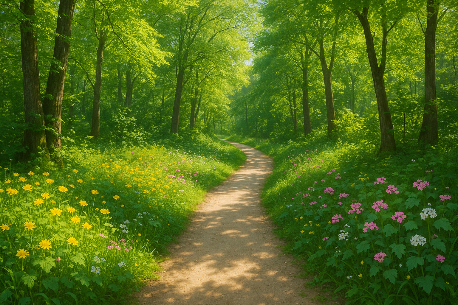 Beautiful forest path through sunlit trees