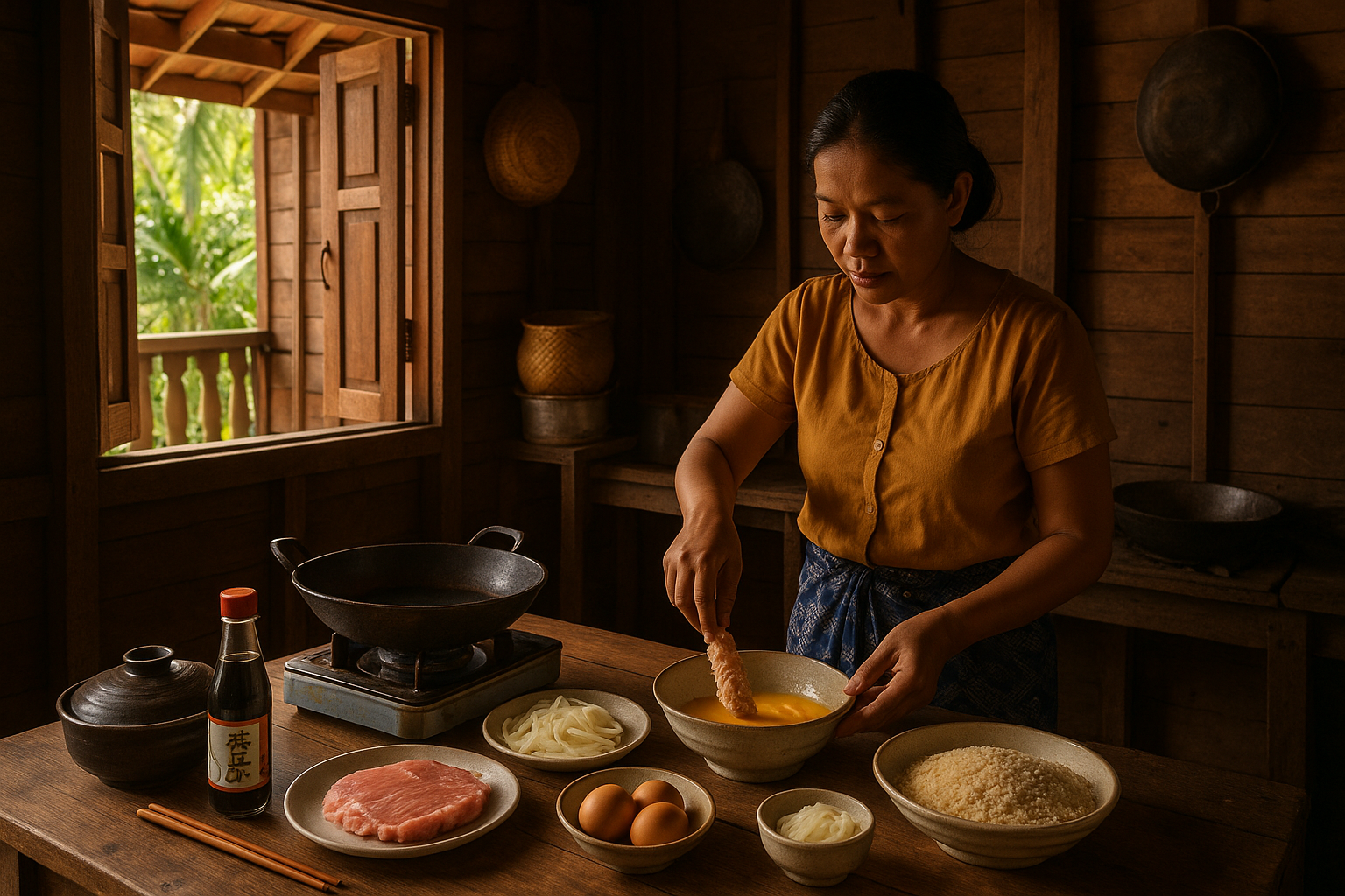 タイの田舎のキッチンで日本料理を作る風景