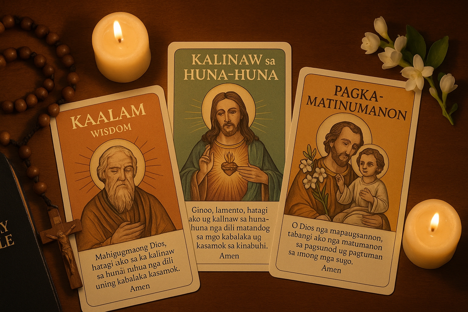 Collection of Bisaya prayer cards for spiritual growth displayed with traditional Filipino Catholic elements like Bible, rosary and candles