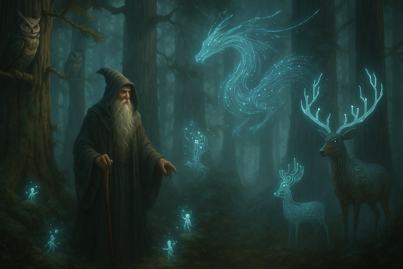 The Forest Wizard's mystical domain with ancient trees and glowing AI creatures