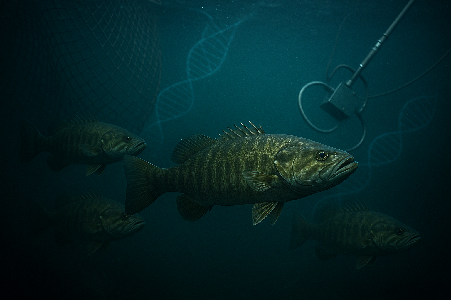 Underwater scene showing smallmouth bass in an Adirondack lake with scientific equipment