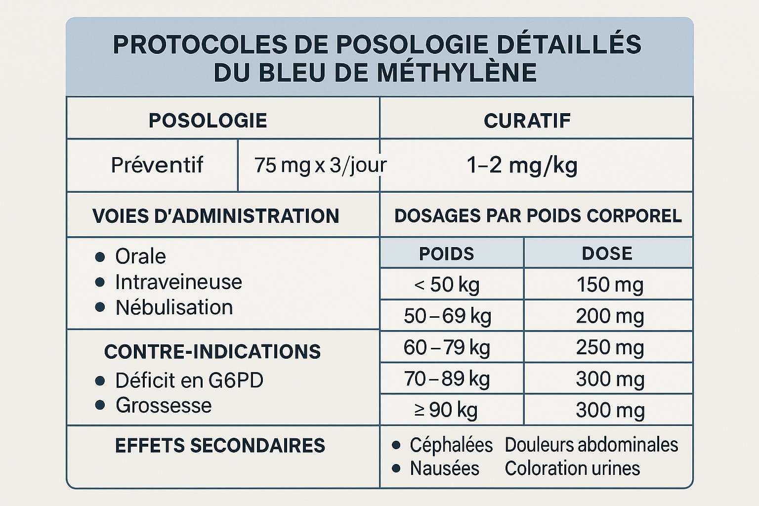 Protocoles de posologie du bleu de méthylène
