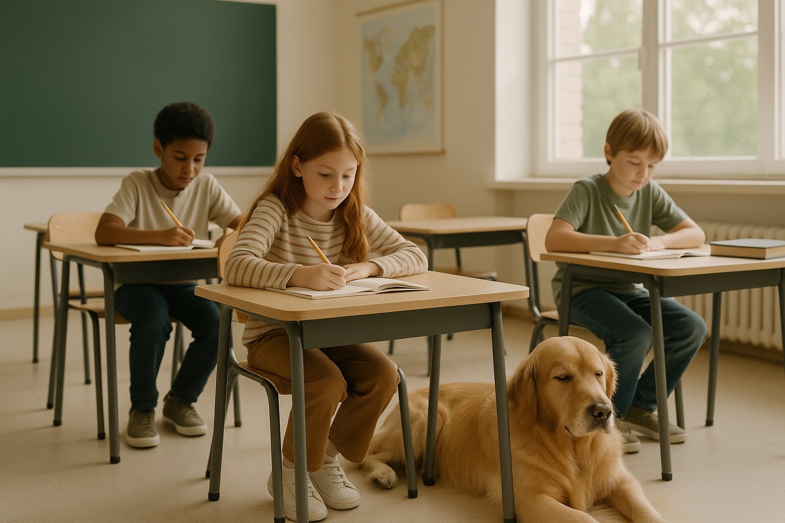 Peaceful classroom scene with therapy dog helping create emotional safety for students