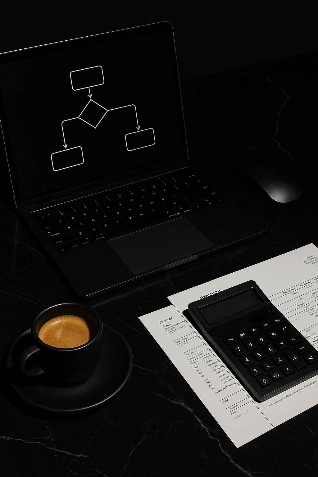 Full client journey automation setup featuring elegant black composition with laptop displaying flowchart, modern business tools, and sophisticated automation elements