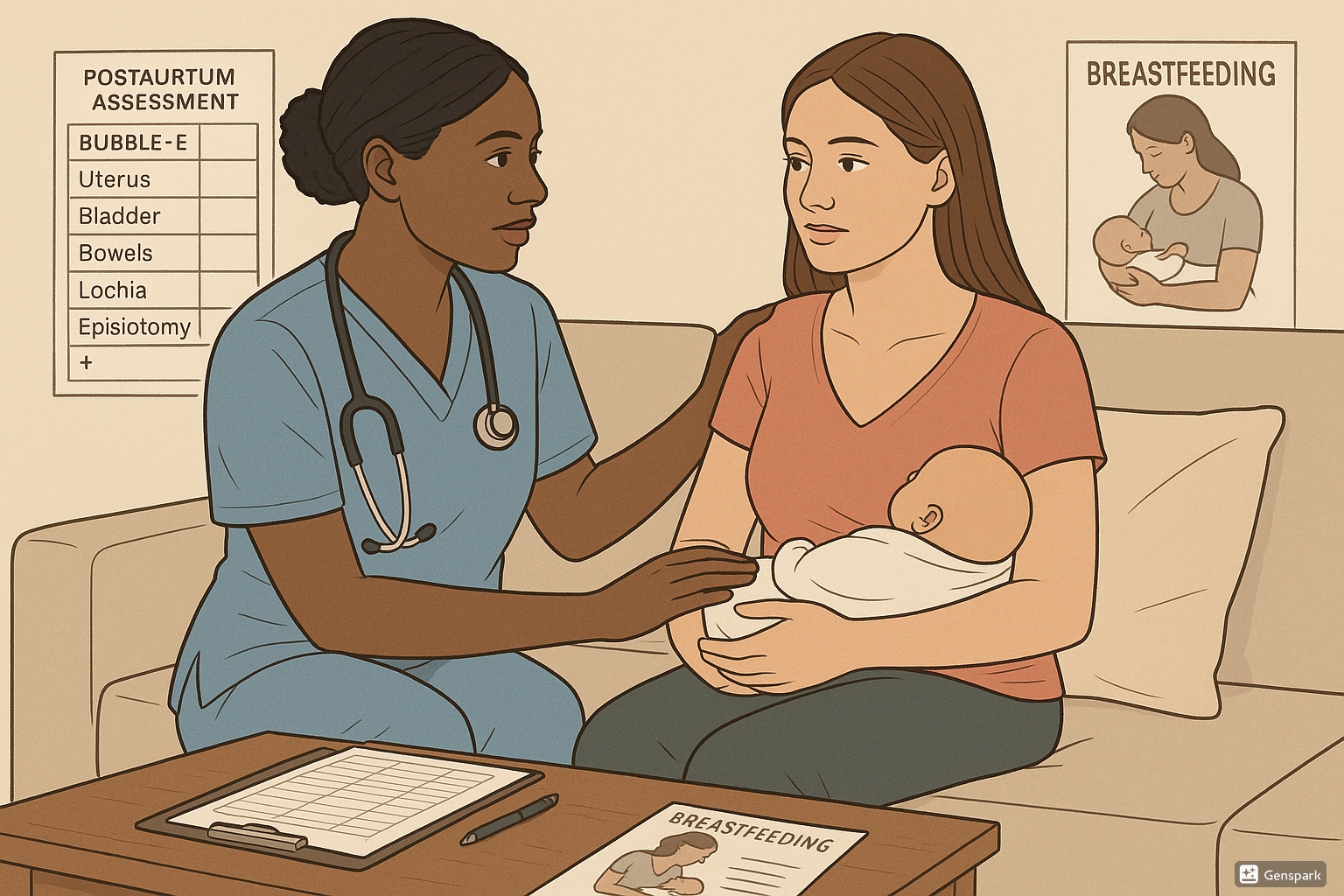 Community health nurse conducting a postpartum home visit