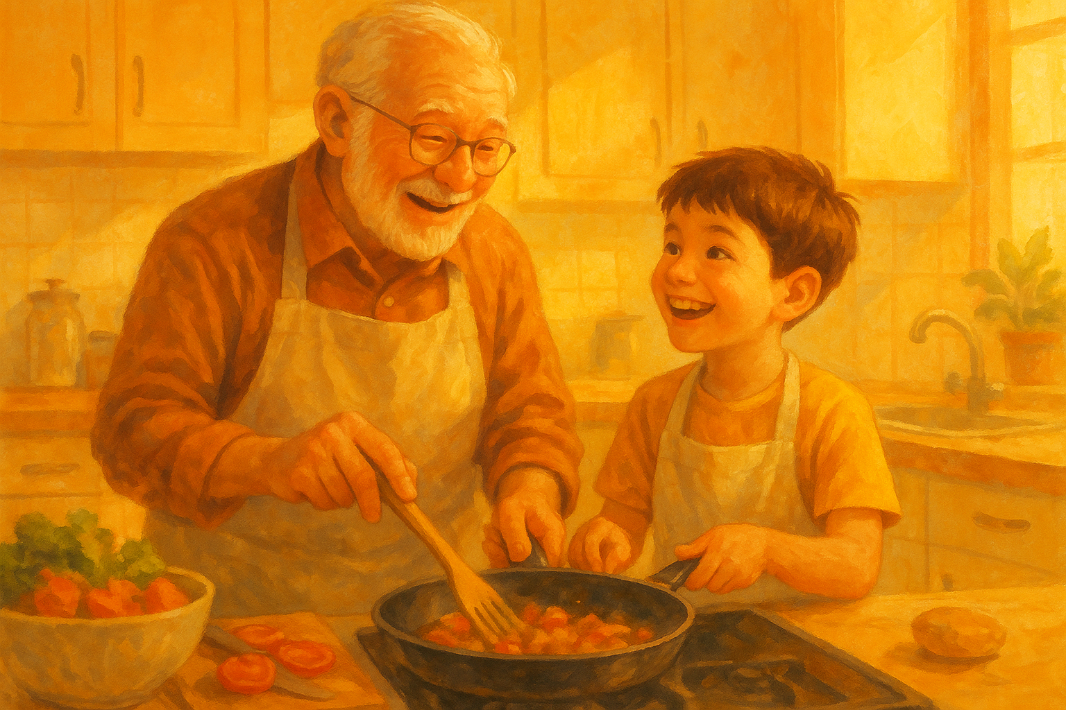 おじいちゃんと小学生の孫が一緒に料理をしている温かい家族の時間