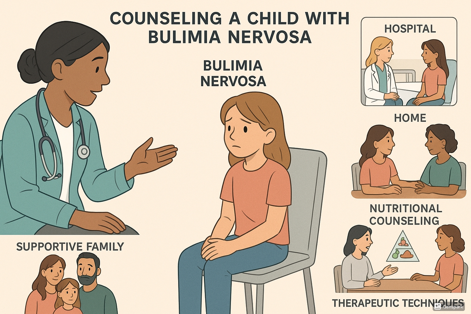 Pediatric healthcare professional counseling a child with bulimia nervosa, showing treatment approaches in both hospital and home settings with supportive family members, nutritional counseling, and therapeutic techniques.