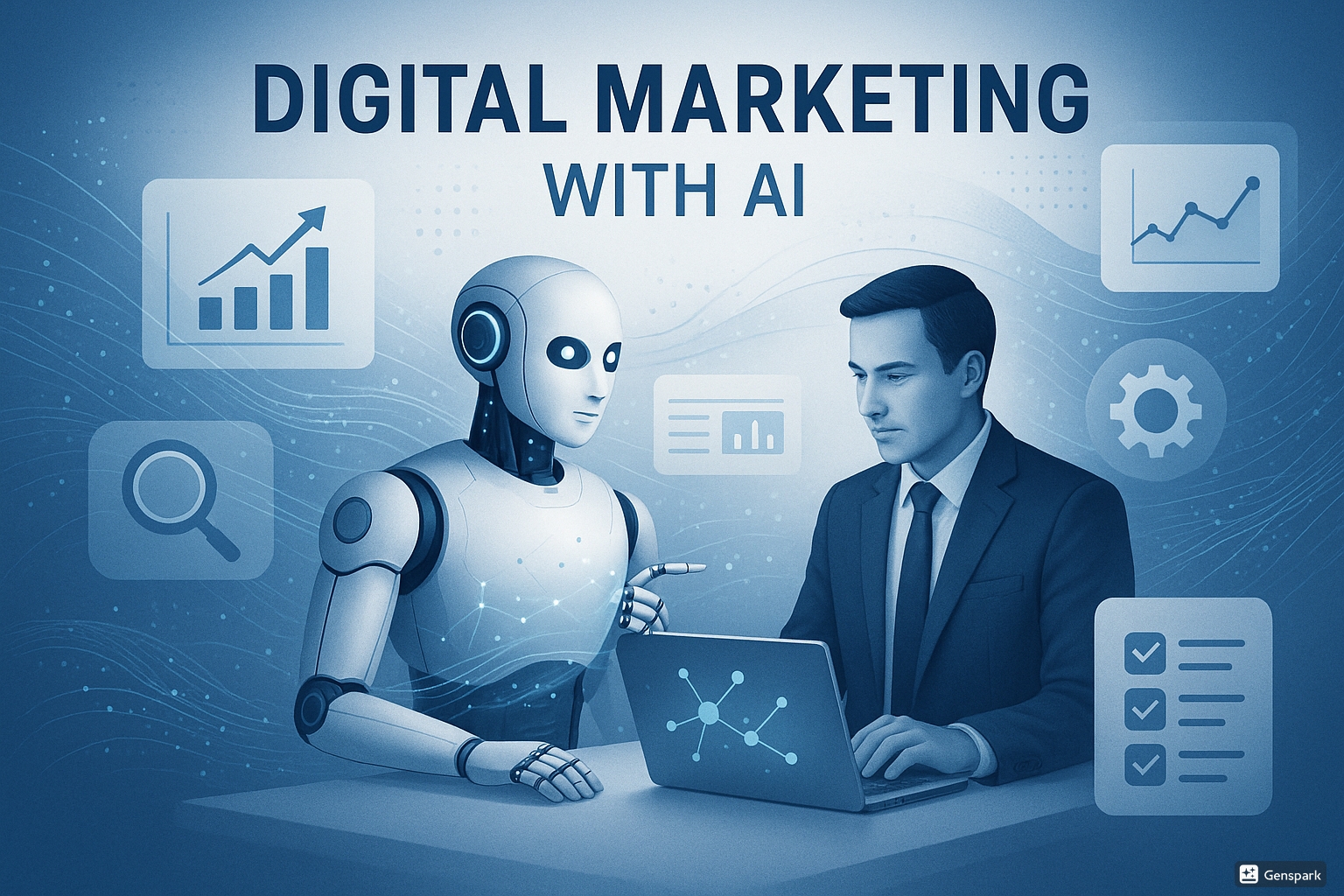 Digital marketing with AI showing data visualization and AI assistant