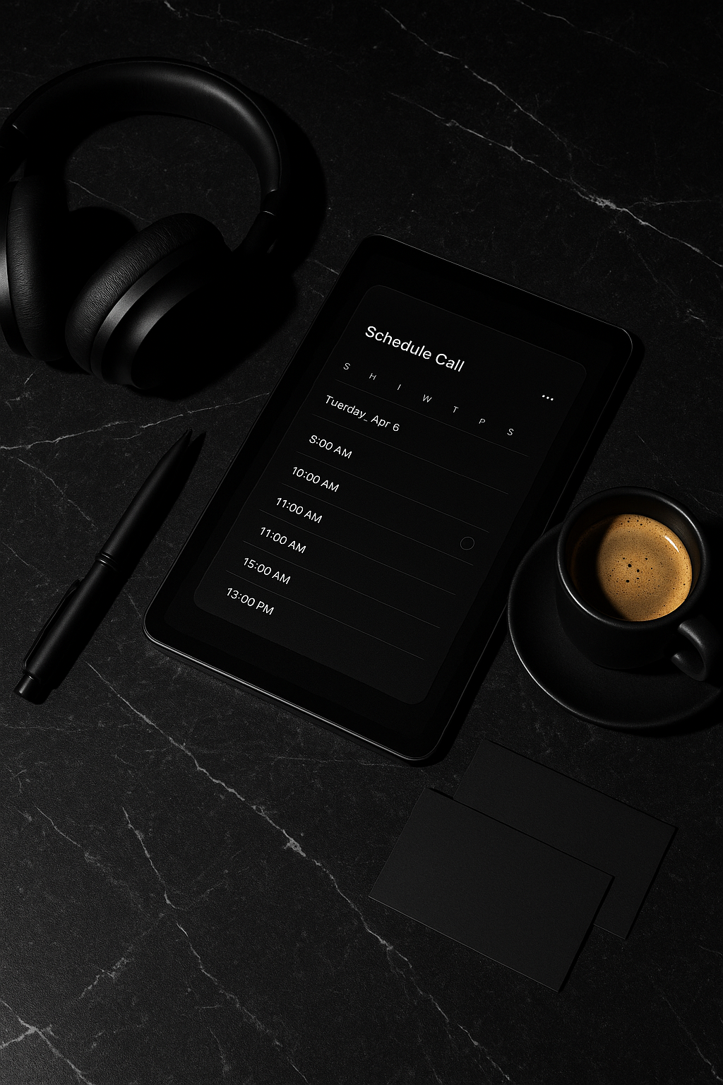 Automated discovery call process setup with tablet displaying call scheduling interface, wireless headphones, and business essentials on black marble surface