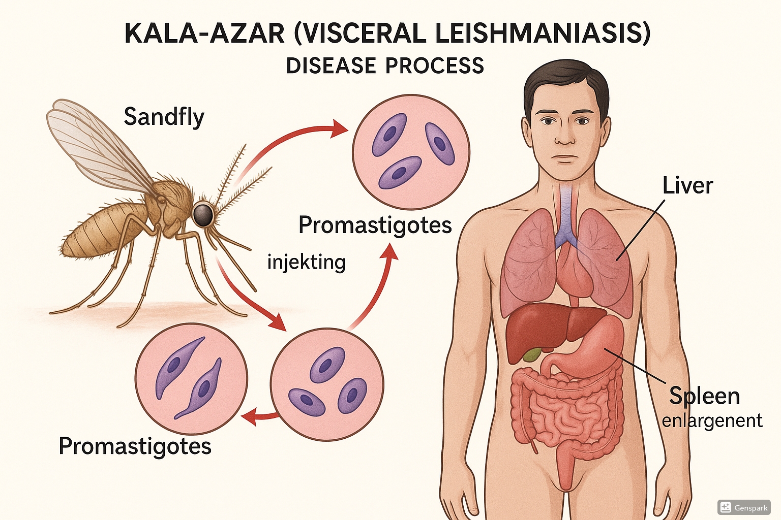 Kala-azar (Visceral Leishmaniasis) life cycle showing sandfly transmission of Leishmania parasite and affected organs