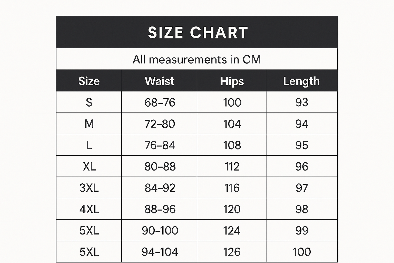 Size Chart - 4 Columns