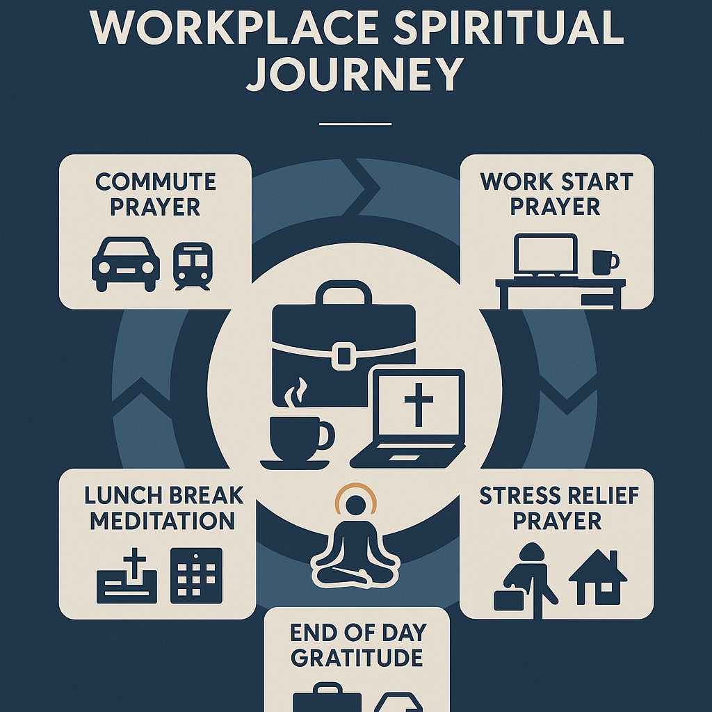 Workplace Spiritual Journey circular infographic showing five prayer moments for working professionals: commute prayer with car and train, work start prayer with office desk and computer, lunch break meditation with peaceful imagery, stress relief prayer with calendar and deadlines, and end of day gratitude while going home, featuring professional colors and spiritual symbols