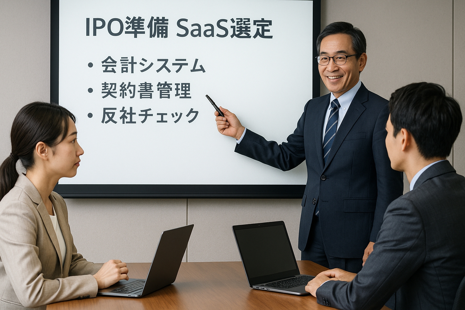 中小企業診断士がクライアント企業と一緒にIPO準備ソフトウェアを選定しているシーン