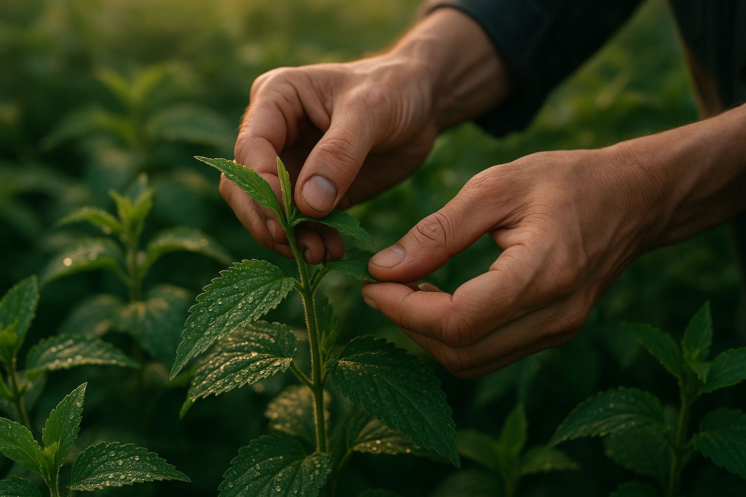 Yoruba Herbal Medicine | Close-up of hands carefully harvesting leaves from a medicinal plant at dawn