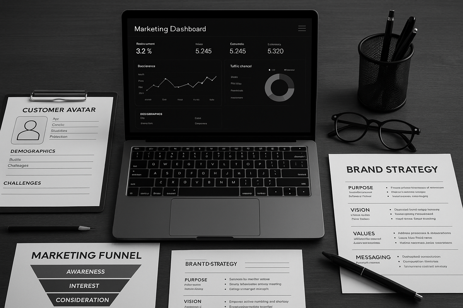 Marketing strategy template workspace - professional black and white setup with marketing dashboard, customer avatar worksheets, and strategic planning tools