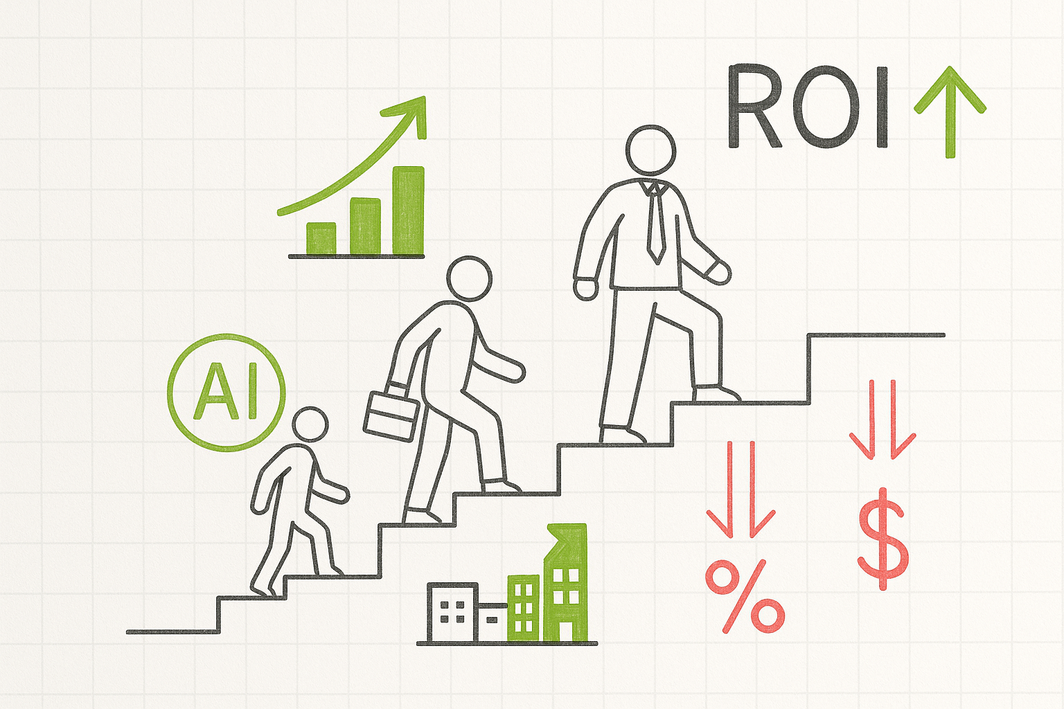 Business transformation visualization showing SME growth trajectory from manual processes to AI-automated operations with ROI metrics and productivity gains