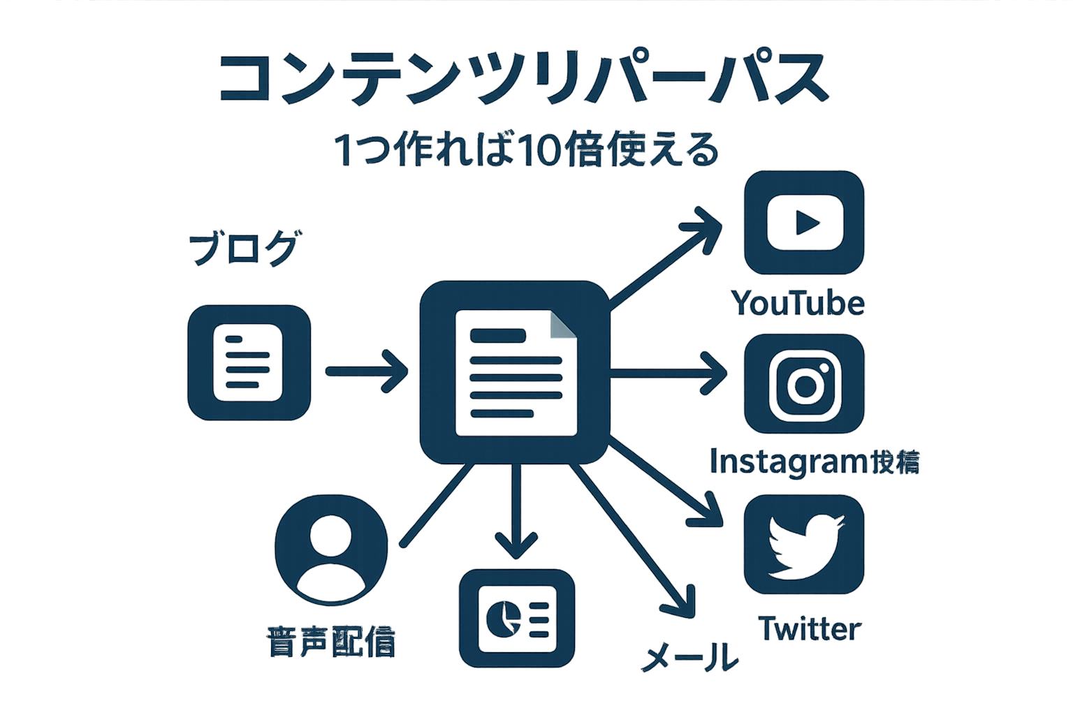 コンテンツリパーパスのコンセプト図：1つのコンテンツから様々な形式に変換